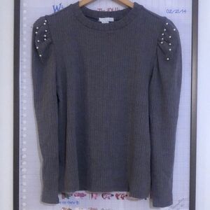 Design History Gray Ribbed Women's Lightweight Sweater w/Pearl Shoulder Accents
